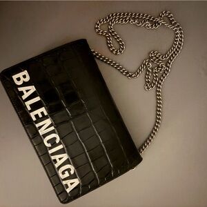 Balenciaga Black Croc-Embossed Chain Wallet